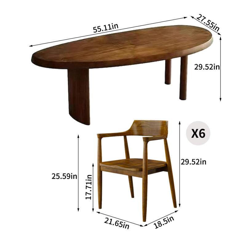 Modern Simple Solid Wood Arc Dining Table Sets, 29.52"H x 55.11"L x 27.55"W, 7 Pieces: Table, 6 Chairs