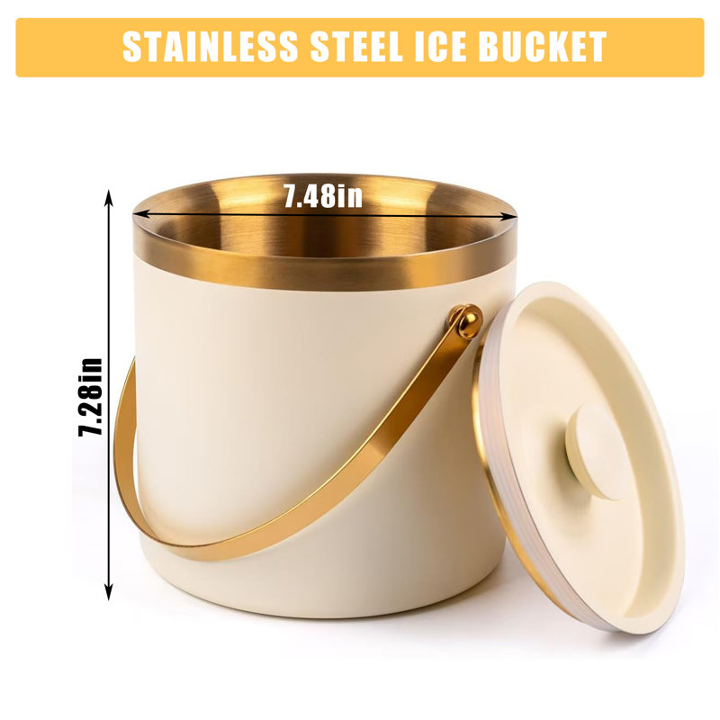 Seau à glace en acier inoxydable 3L avec couvercle, refroidisseur de boisson triple couche avec finition miroir et drainage, beige