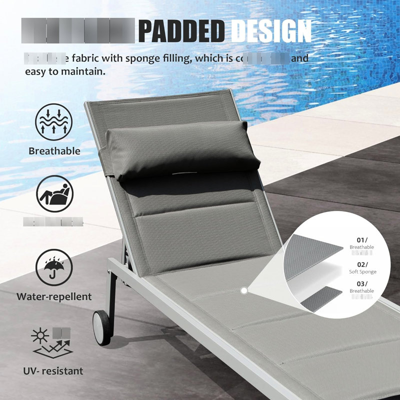 Fauteuil inclinable extérieur en aluminium: 3 chaises Table d'appoint et roulettes réglables. Tissu gris pour la chaise longue, le bord de la piscine, la plage et le balcon. Fauteuil inclinable réglable.