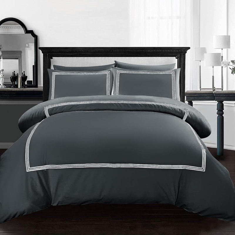 My Home Store Junco Duvet Cover Set Microfiber 3 Piece Luxury Bratta Stitch Duvet Cover Sets With Pillowcase, Charcoal/White