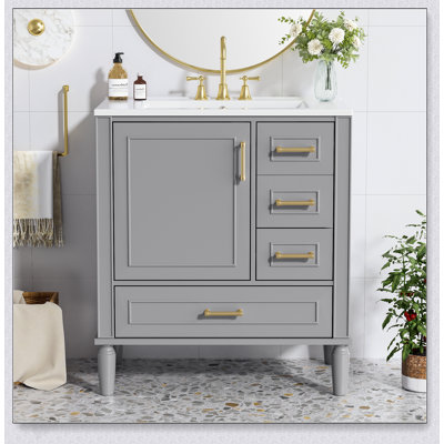 Meuble-lavabo de 30 pouces avec lavabo en céramique, porte à fermeture en douceur, tiroirs multiples et rangement spacieux pour les salles de bain modernes et fonctionnelles