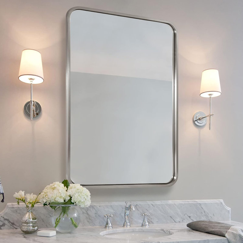 Miroir de salle de bain rectangulaire contemporain | Cadre épais en acier inoxydable, Nickel brossé, 32 po x 24 po