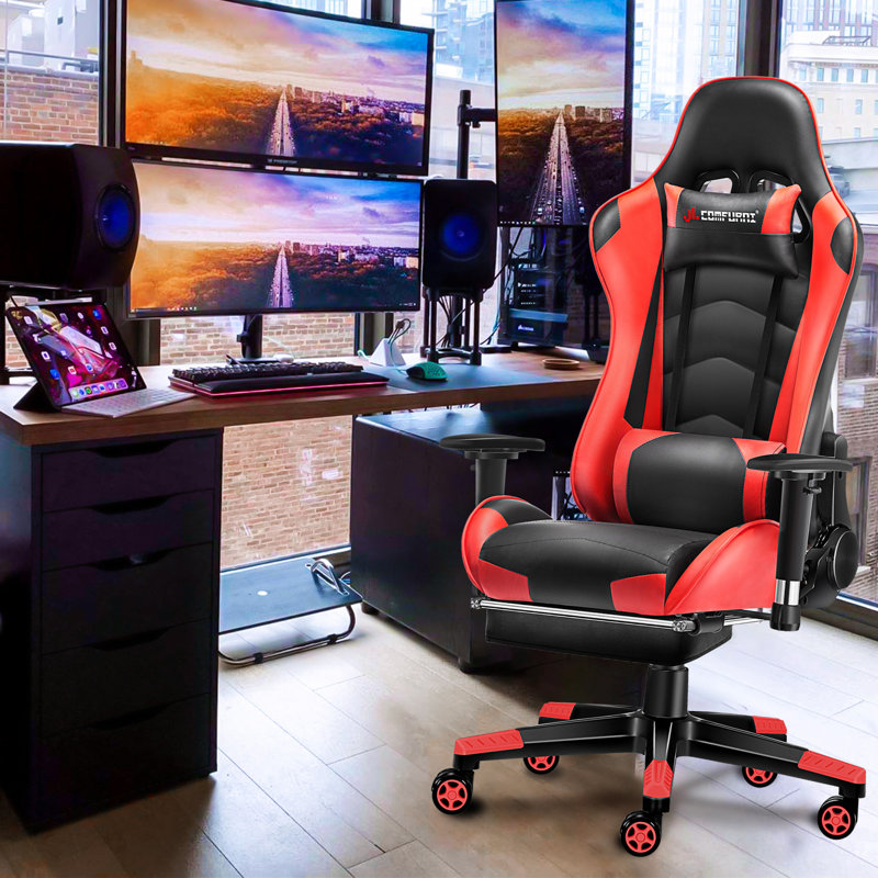 JL Comfurni JD-S0 Adjustable Reclining Ergonomic Faux Leather Swiveling PC & Racing Game Chair with Footrest, Black/Red