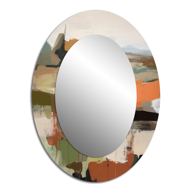 Green And Beige Transcending Reality III - Abstract Oval Decorative Mirror On Metal, 40" x 30"