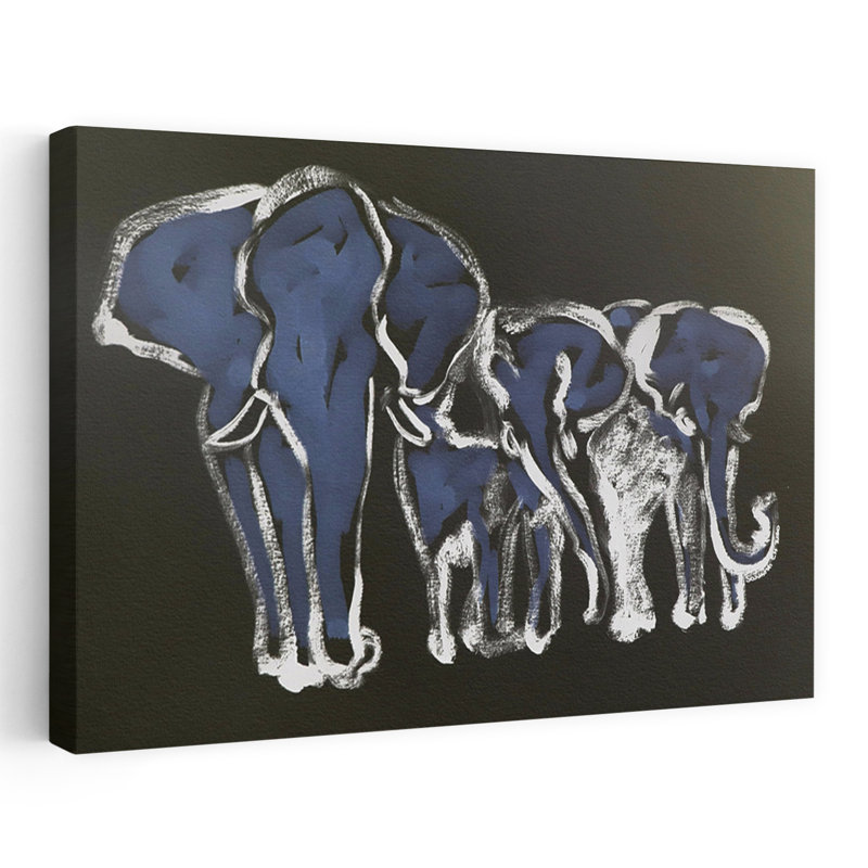 Blue Elephant Family Abstract Modern Elephant Wildlife Wall Art Print, 32" H x 48" W