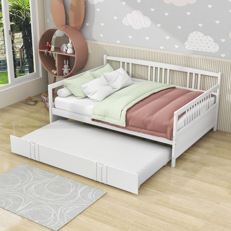 Jaye Wooden Daybed with Twin Size Trundle, White, Full