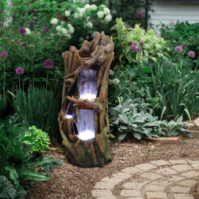 Open Tree Trunk Fountain w/Cool White LED Lights, 40" H x 12" W x 15" D