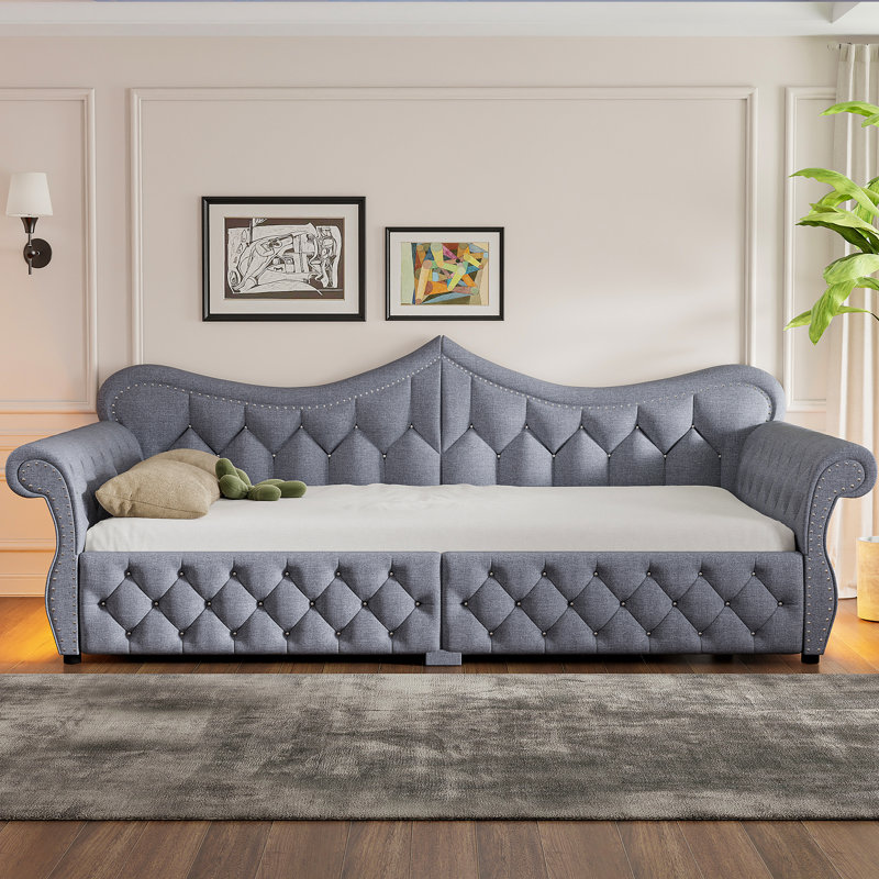 Queen Size Upholstered Daybed with LED Lighting & Nailhead Trim, Gray, Gray