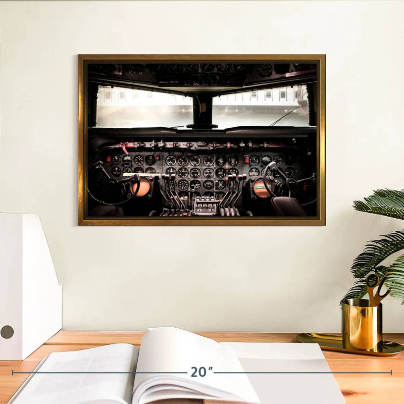 Vintage Airplane Cockpit, Floating Frame Gold, 13" X 9"