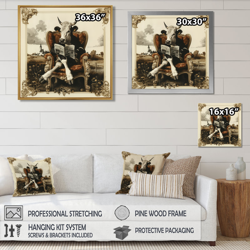 Vache rétro lisant sur une chaise dans le pré - décoration murale animal de vache, H 30 po x l 30 po x P 1 po