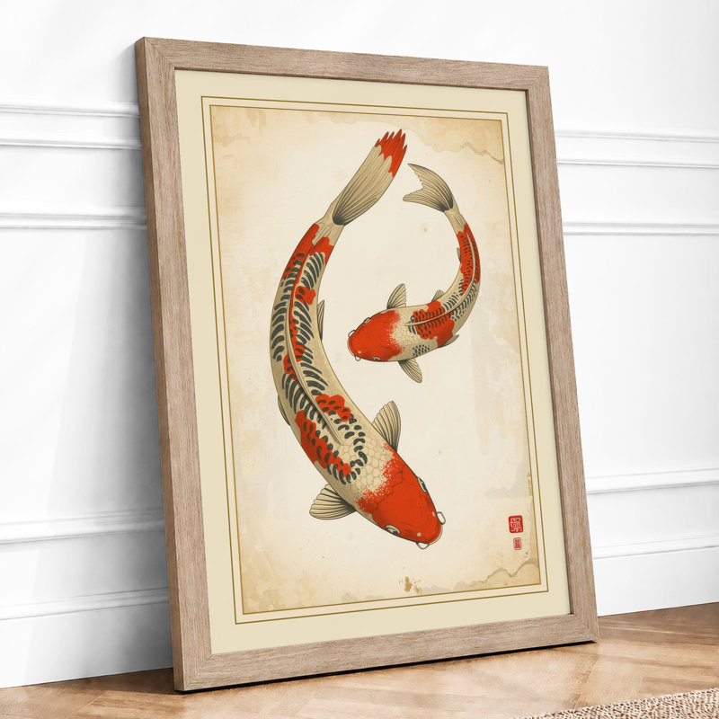 Twin Koi Dance Japandi - Framed Print, A1 - 84.1 x 59.4 cm, Oak