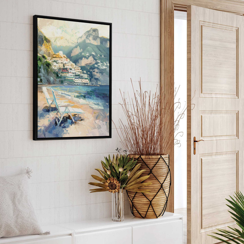 " Positano Beachfront Idyll " by Azure Artisanal Studio, Floater Framed Print, 32" H x 22" W, Satin Black