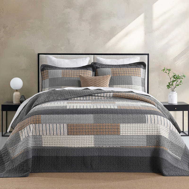 Ensemble de couvre-lit matelassé surdimensionné 100% coton à rayures DDUOXIN - 1 couvre-lit avec 2 taies décoratives
