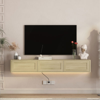 Meuble télé flottant, meuble télé mural avec lumières DEL et prise de courant, meuble télé ultrabrillant pour meuble télé en bois pour le salon