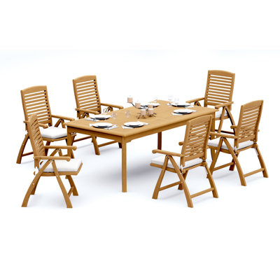  Ensemble de salle à manger 7 pièces en bois de teck de qualité A: table rectangulaire de 83 po et fauteuils inclinables et pliables Ashely # 11AS1806