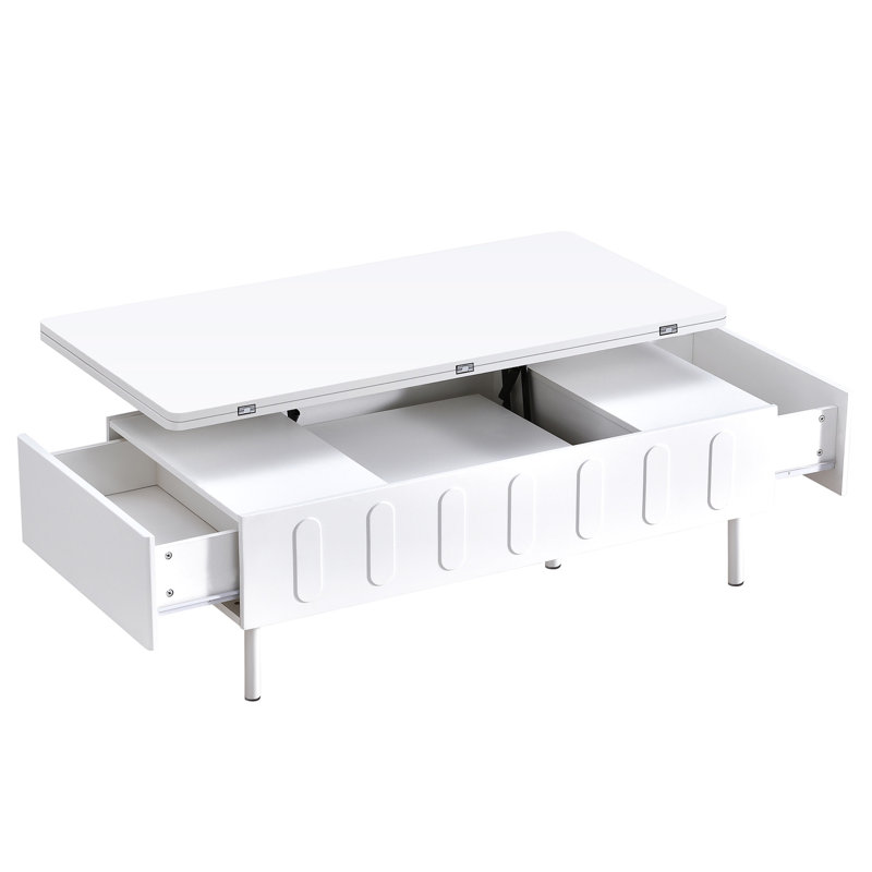 Table basse à plateau relevable avec 2 tiroirs et rangement caché Modern Space, Blanc