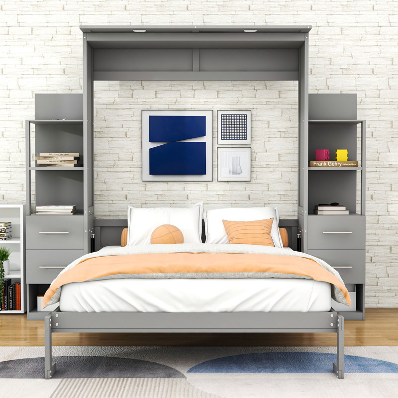 Lit escamotable 4 tiroirs avec tablettes et éclairage DEL, conception pliable peu encombrante, Grand lit, Gris