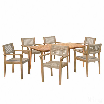 Outdoor Patio 7pcs Acacia Wood Dining Set, 6pcs Faux Wicker Dining Chairs, 1pc Dining Table