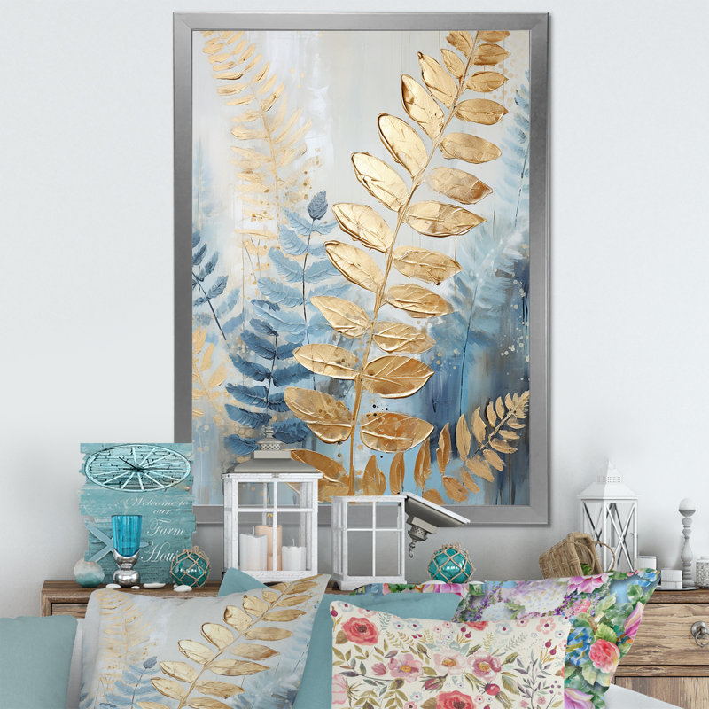 «Blue and Golden Ferns Breeze Symphony III», reproduction sur toile, Cadre simple argenté, H 40 po x l 30 po x P 1,5 po