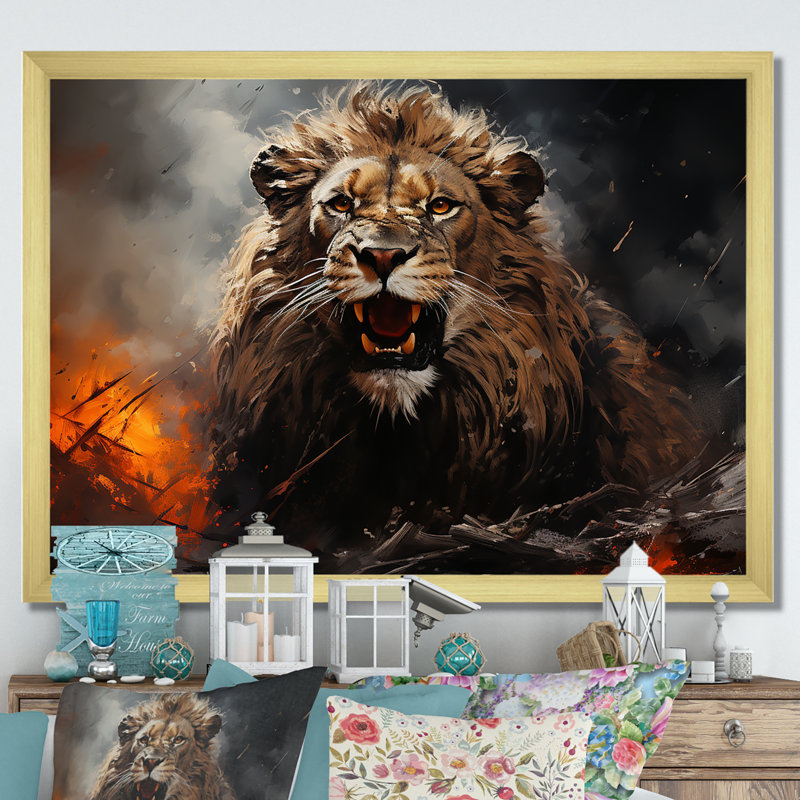 «Feral Passion Roar Lion» sur toile, Cadre doré simple, H 12 po x l 20 po x P 1 po