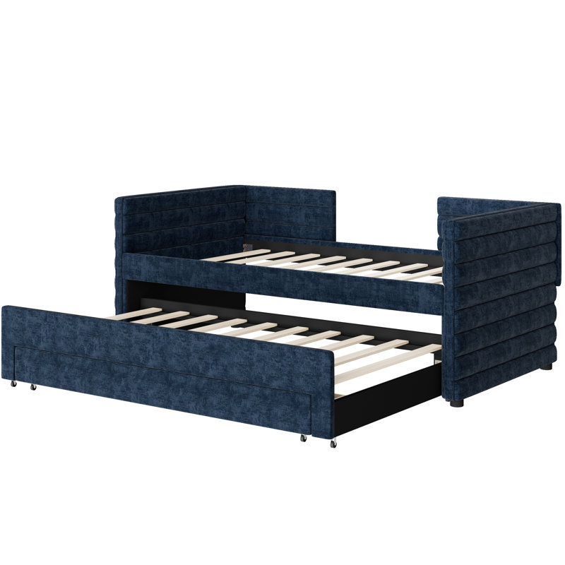Dark Blue Twin Daybed With Trundle And 3 Built - In Storage Drawers, Modern Design For Living Or Guest Areas Apartments Space Saving Upholstered Pull Out Three Ideal Small Quarters