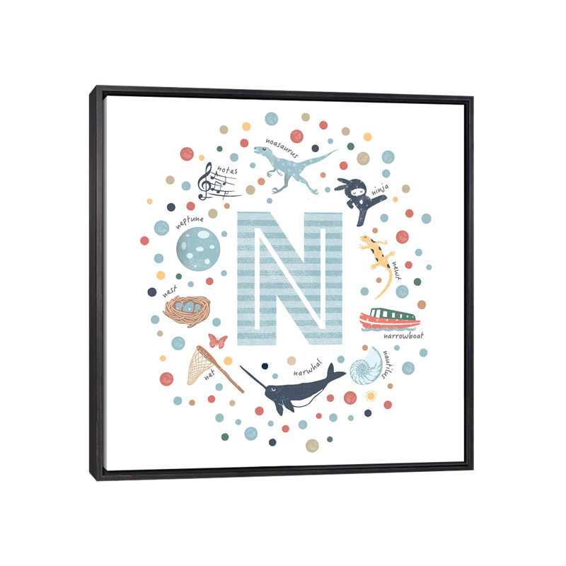 Lettre illustrée N bleue - impression, H 26 po x l 26 po x P 1,5 po, Toile avec cadre noir patiné, Pas de tapis