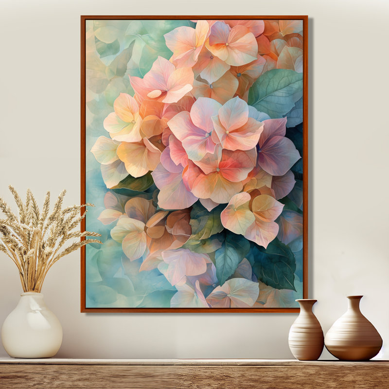 Abstrait hortensia été, réflexion II - hydrangées, art mural, H 40 po x l 30 po, Brun, Reproduction avec cadre flottant