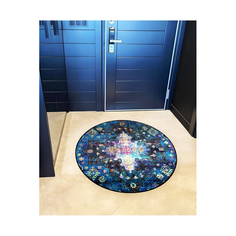 Tapis décoratif rétro à motif tissé bleu marine, Sous-tapis rond 4 pi 11 po inclus