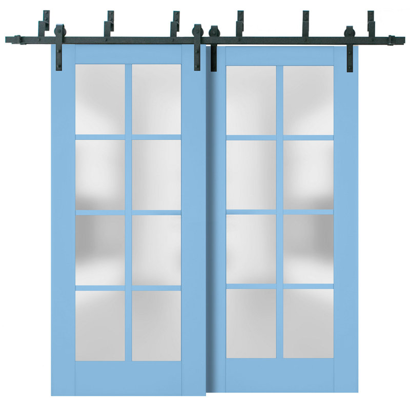 Portes coulissantes de style grange avec verre dépoli Veregio 7412 Aquamarine, rails robustes de 2 m, quincaillerie incluse, portes de placard de chambre en bois massif - 91 x 213 cm (2 x 46 x 213 cm)