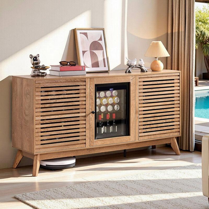 60" Mid-Century Coffee Bar Cabinet With Integrated Beverage Fridge, Adjustable Storage, Slatted Doors & Versatile Use, Brown