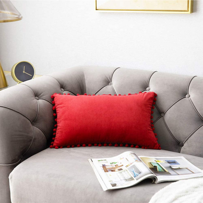  Housse de coussin en velours Pom-Poms, Rouge