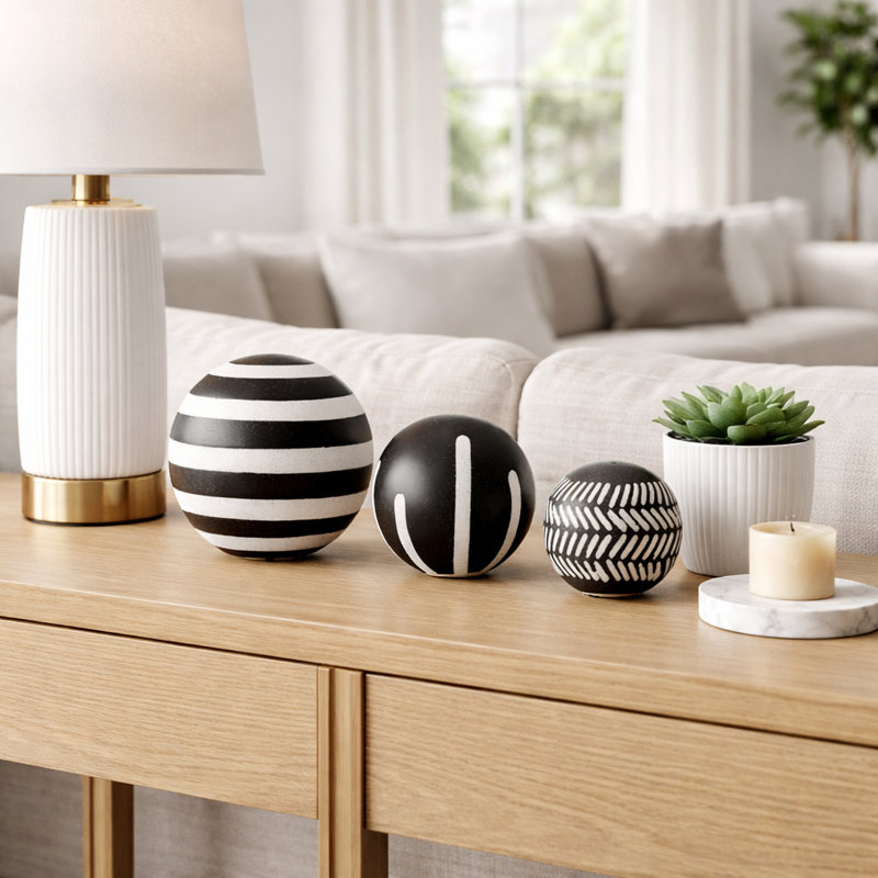 Orbes décoratifs avec motif abstrait - ensemble de 3, 6 po, 5 po, 4 po, noir et ivoire