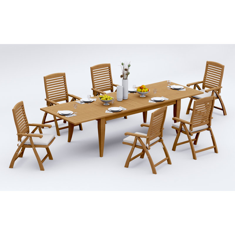 8 Seats 9 Pcs Grade-A Teak Wood Dining Set: 122" Atnas Double Extension Rectangle Table And 8 Ashely Folding Reclining Arm Chairs #11AS2808
