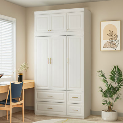 Modern MDF Armoire With 3-Door Top Cabinet, Aluminum Hanging Rod, Quiet Glide Drawers, And Anti-Tip Hardwa