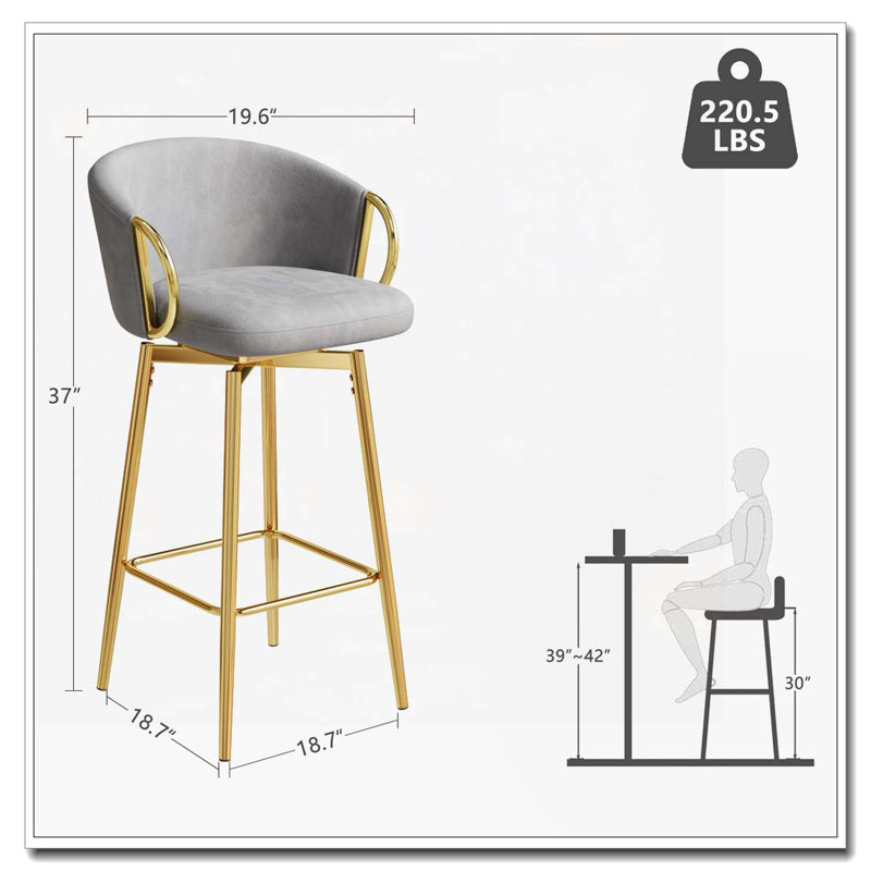 Tabouret de bar pivotant à 360 °, Gris, Doré