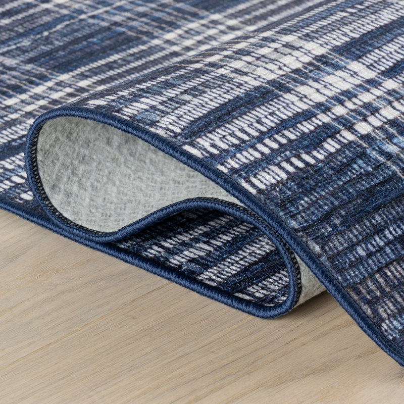 Denim Plaid Machine Washable Rug, Rectangle 3' x 5'