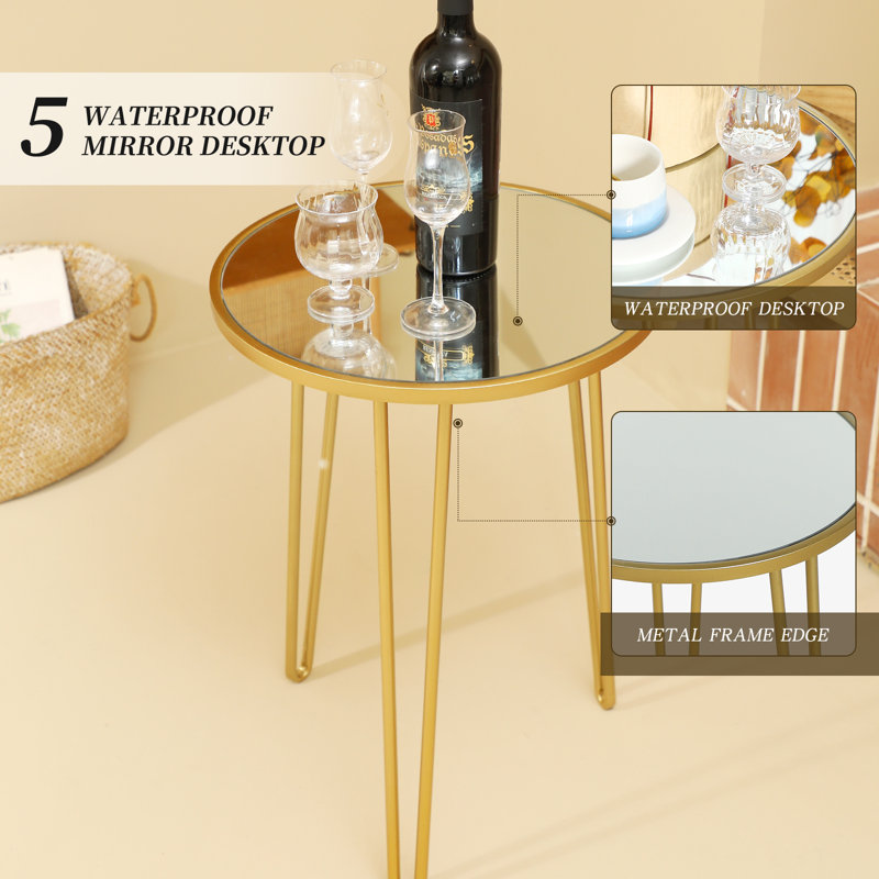 Table d'appoint moderne d'extérieur 21,5 po Dier, Or, Miroir blanc