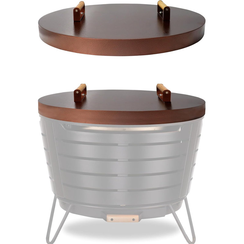 Couvercle de tabouret d'extérieur de foyer compatible avec le foyer d'extérieur de patio Tiki - couvercle de foyer d'extérieur en acier au carbone thermolaqué avec 2 poignées ergonomiques en bois - idéal pour les réunions de famille et la décorati