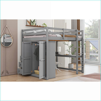 Lit mezzanine double en bois de pin avec rangement pour bureau - gris, sans sommier