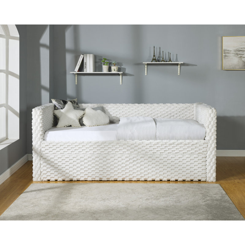 Beautiful 1Pc Modern Daybed  Armrest Pull Out Trundle Bedroom Living Room Furniture, White