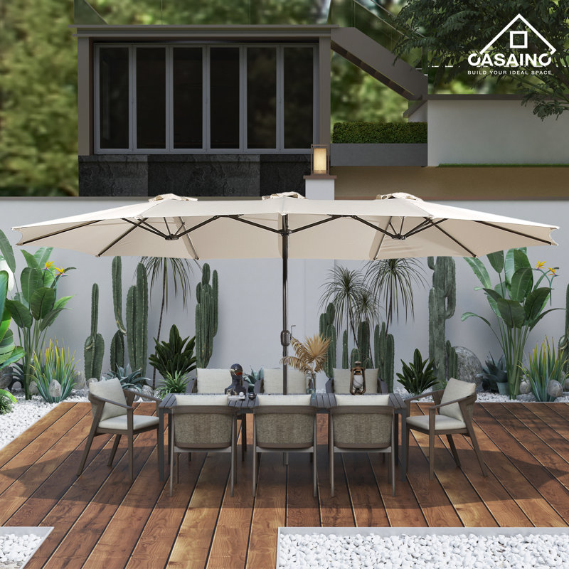 Beige 15-ft Steel Double-Sided Patio Umbrella with Base