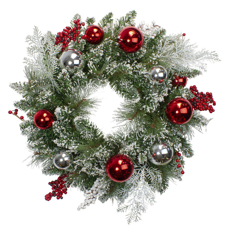 Flocked Mixed Pine with Ornaments and Berries Artificial Christmas Wreath 24-Inch Unlit