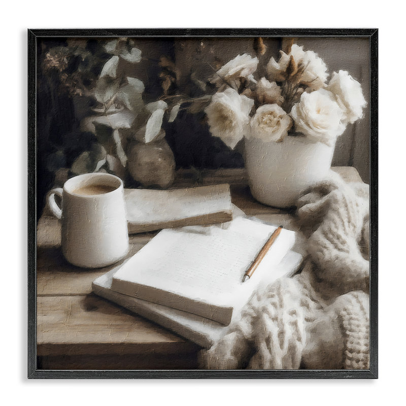 Morning Coffee & Journaling, estampe numérique, conception de Riley B, H 17 po x l 17 po, Giclée encadrée noir minuit