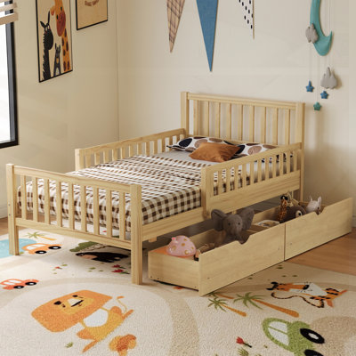 Twin Size Wood Platform Bed With Guardrails And Two Storage Drawers; Slat Kit,  For Space-Saving And Safety In Modern Bedrooms.