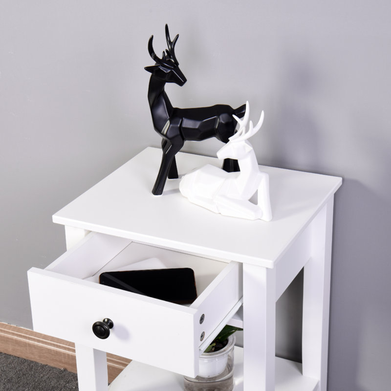 Table de rangement blanche sur pied avec table de chevet et table de chevet blanche