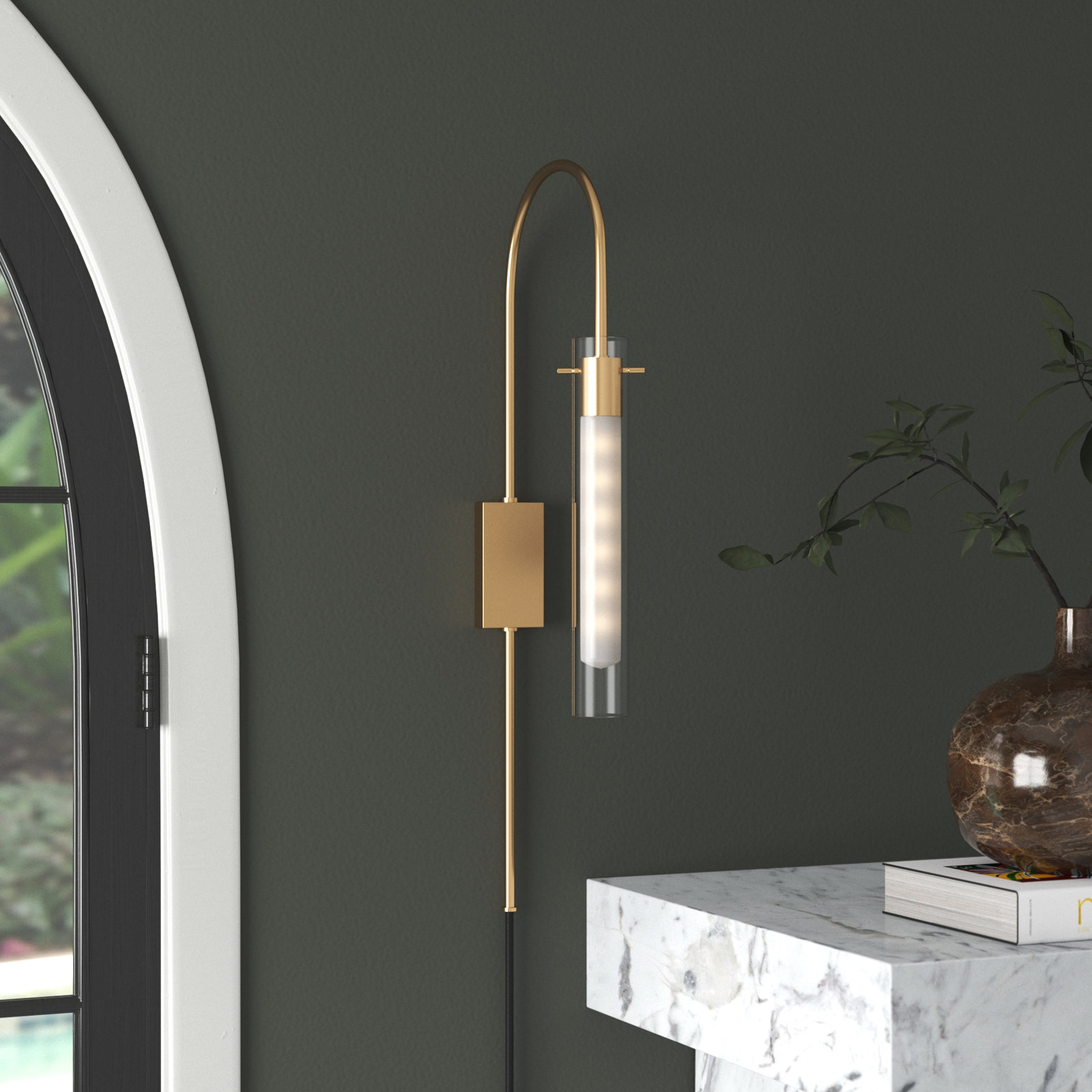 Valerie Single Light Glass Dimmable Plug-in Wallchiere, Aged Brass