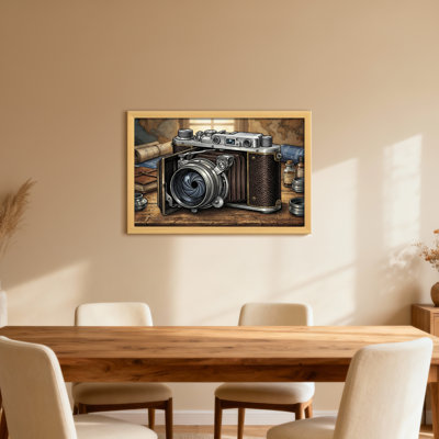 Appareil photo rétro sur un bureau en bois avec cartes et outils