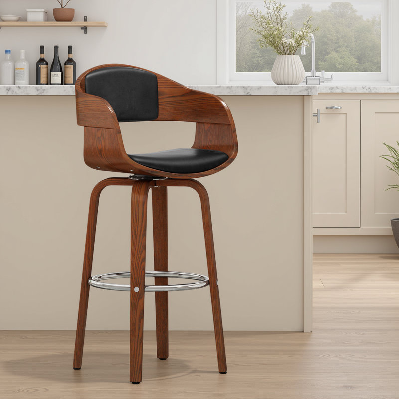 Mid-Century 30" Seat Height Swivel Bar Stool - Walnut Veneer & PU Leather, Chrome Footrest, Brown, Black