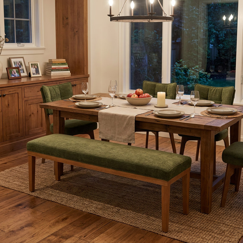 Upholstered Dining Bench Chair  With Solid Wood Legs For Dining Table, 52.8'' W Olive Green Velvet Seat, Green