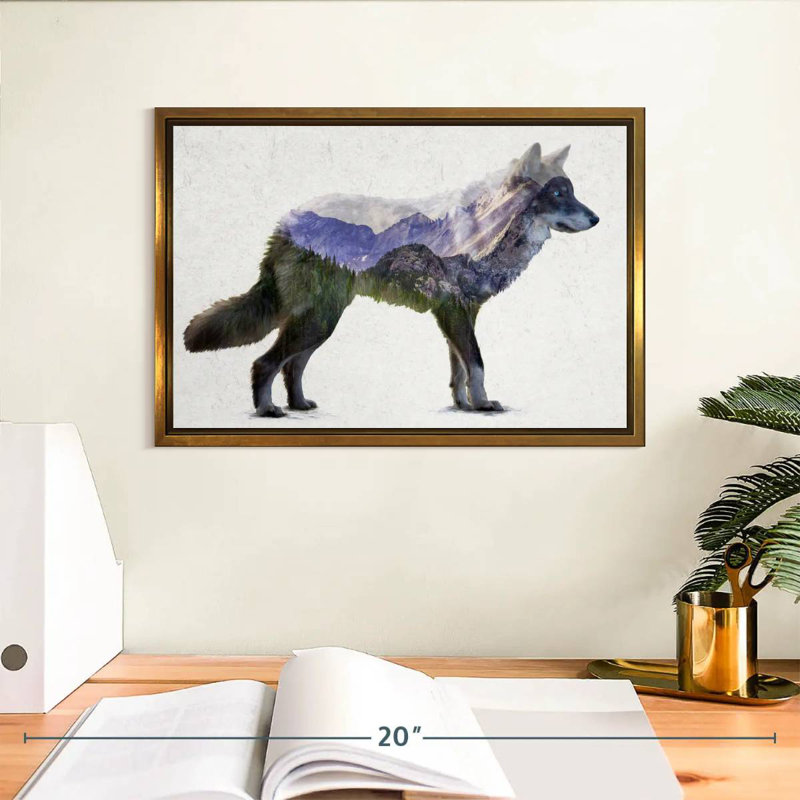 Rocky Mountain Grey Wolf, Floating Frame Gold, 13" X 9"